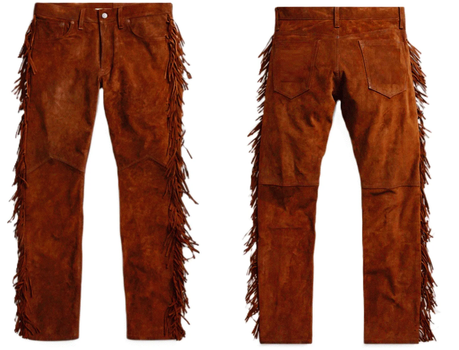 Golden Brown Suede Leather Fringe Pants Jeans Style For Men Western Pant MFP1109