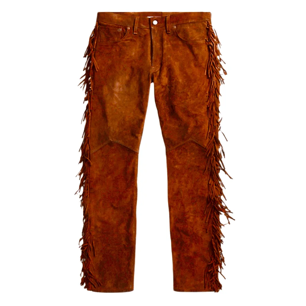 Golden Brown Suede Leather Fringe Pants Jeans Style For Men Western Pant MFP1109