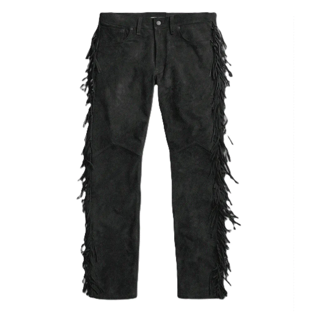 Golden Brown Suede Leather Fringe Pants Jeans Style For Men Western Pant MFP1109