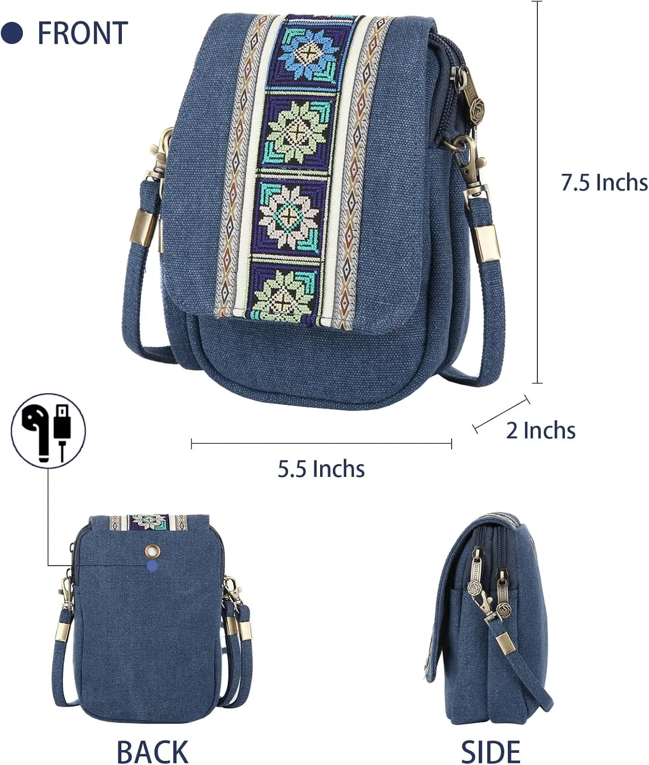 Goodhan Embroidery Canvas Crossbody Bag Cell phone Pouch Coin Purse for Women
