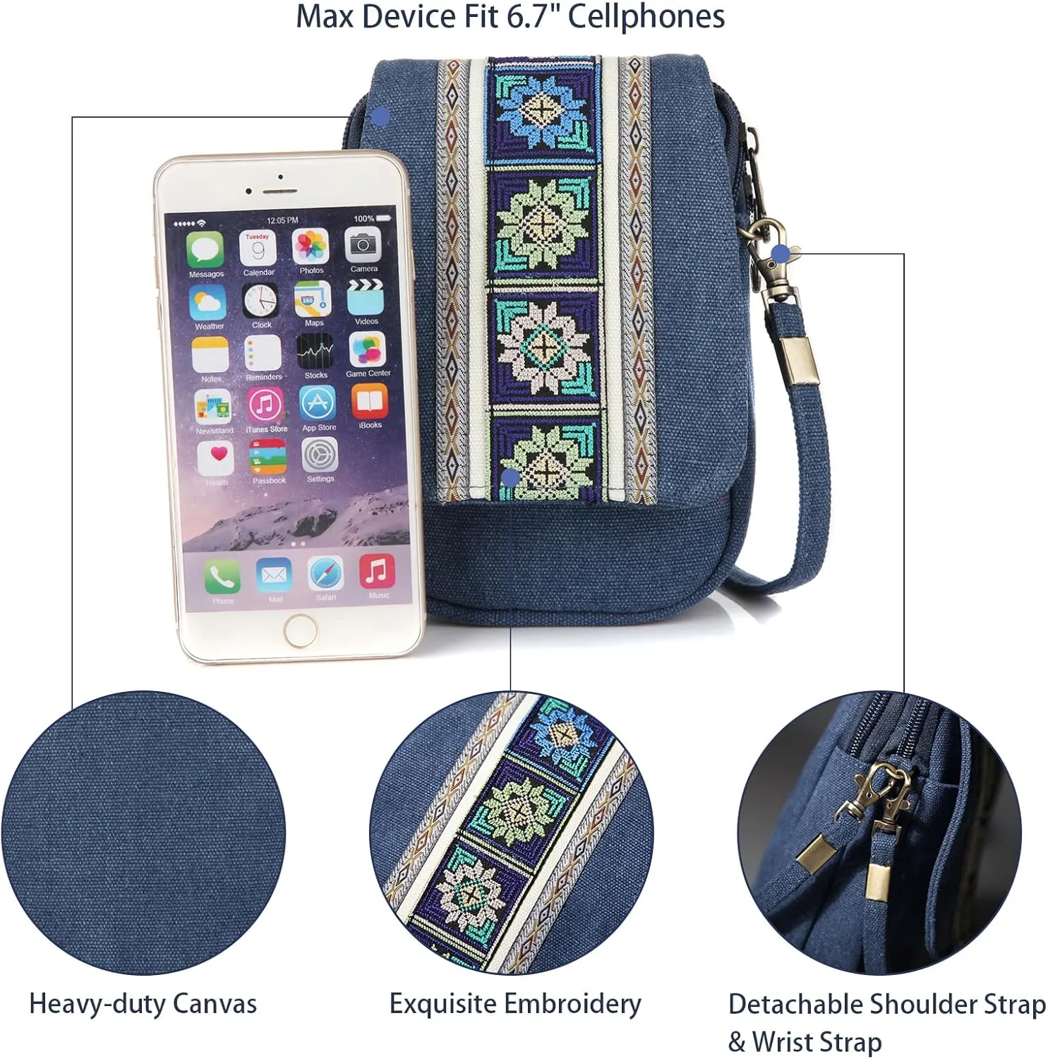 Goodhan Embroidery Canvas Crossbody Bag Cell phone Pouch Coin Purse for Women