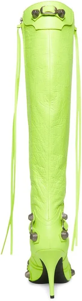 Goolita Women's Pointed Toe Rivet Knee High Boots Stiletto High Heel Punk Style Boot Thin Tassels Buckle Long Bootie