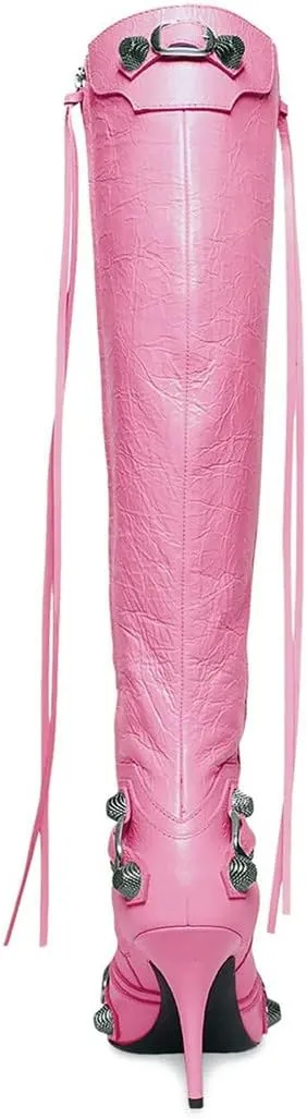 Goolita Women's Pointed Toe Rivet Knee High Boots Stiletto High Heel Punk Style Boot Thin Tassels Buckle Long Bootie