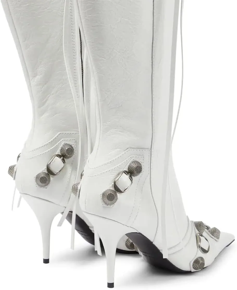 Goolita Women's Pointed Toe Rivet Knee High Boots Stiletto High Heel Punk Style Boot Thin Tassels Buckle Long Bootie