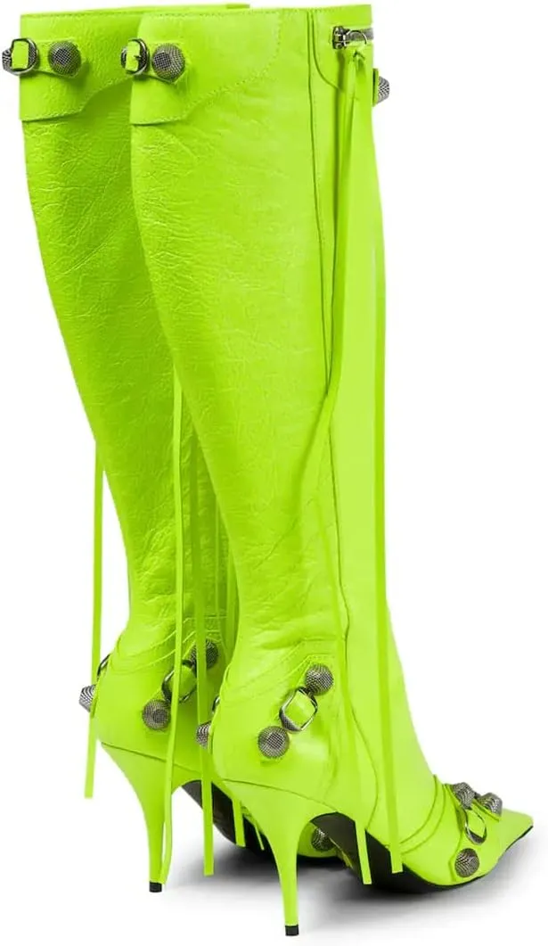 Goolita Women's Pointed Toe Rivet Knee High Boots Stiletto High Heel Punk Style Boot Thin Tassels Buckle Long Bootie