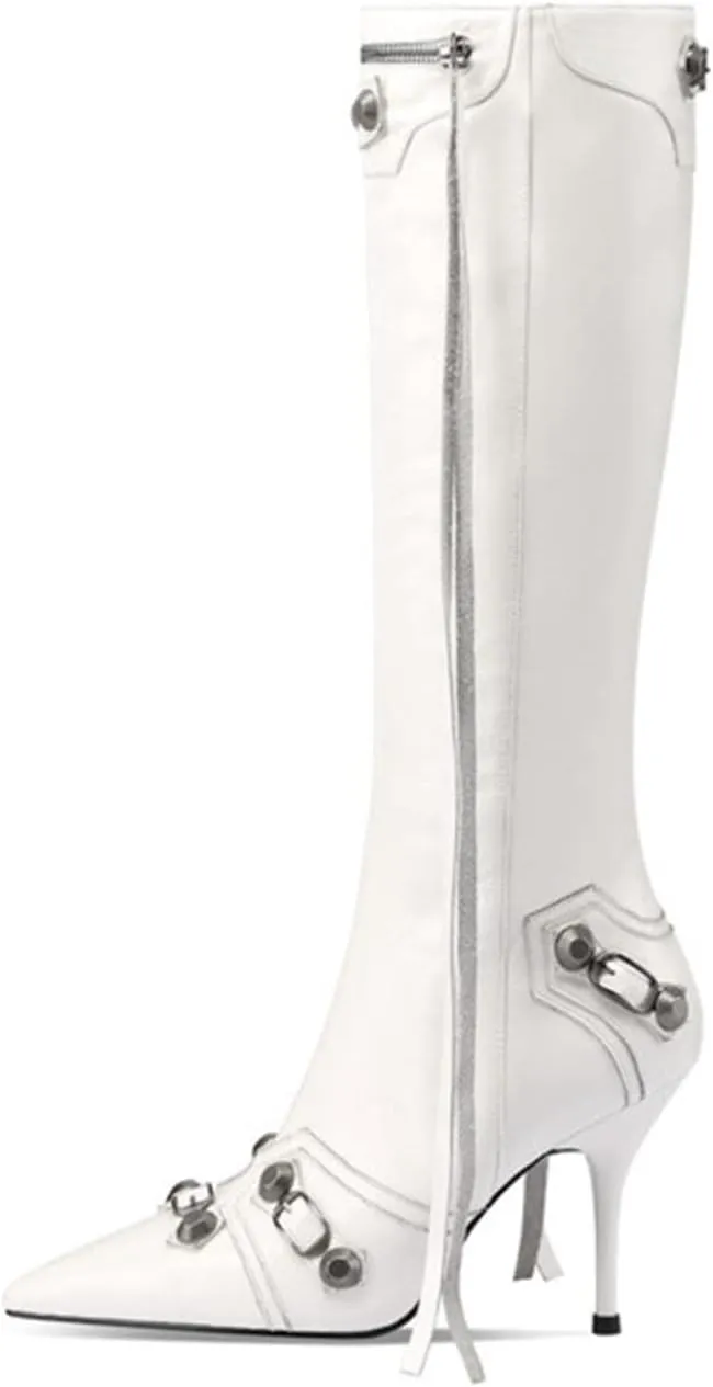 Goolita Women's Pointed Toe Rivet Knee High Boots Stiletto High Heel Punk Style Boot Thin Tassels Buckle Long Bootie