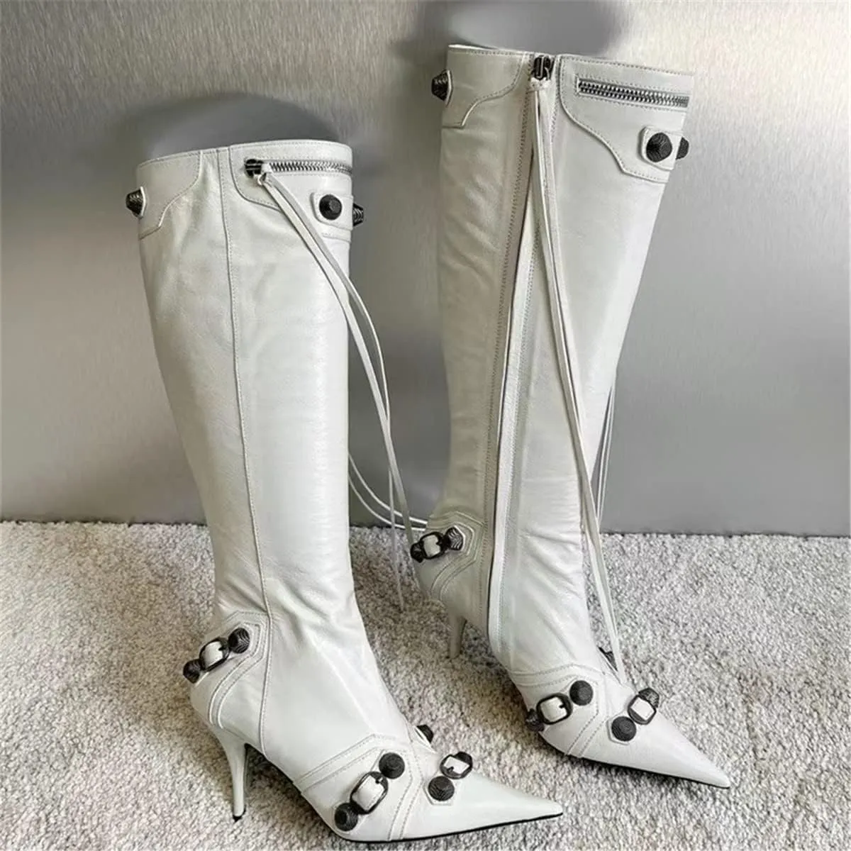 Goolita Women's Pointed Toe Rivet Knee High Boots Stiletto High Heel Punk Style Boot Thin Tassels Buckle Long Bootie