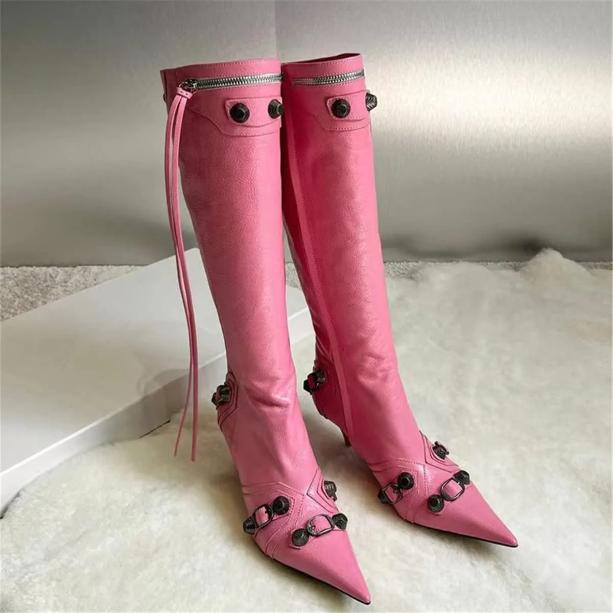 Goolita Women's Pointed Toe Rivet Knee High Boots Stiletto High Heel Punk Style Boot Thin Tassels Buckle Long Bootie