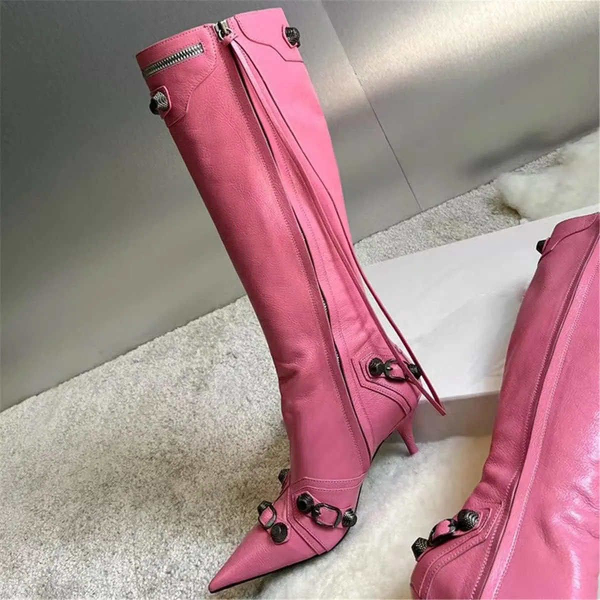Goolita Women's Pointed Toe Rivet Knee High Boots Stiletto High Heel Punk Style Boot Thin Tassels Buckle Long Bootie