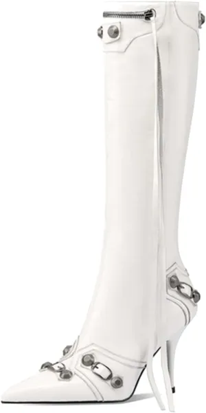 Goolita Women's Pointed Toe Rivet Knee High Boots Stiletto High Heel Punk Style Boot Thin Tassels Buckle Long Bootie