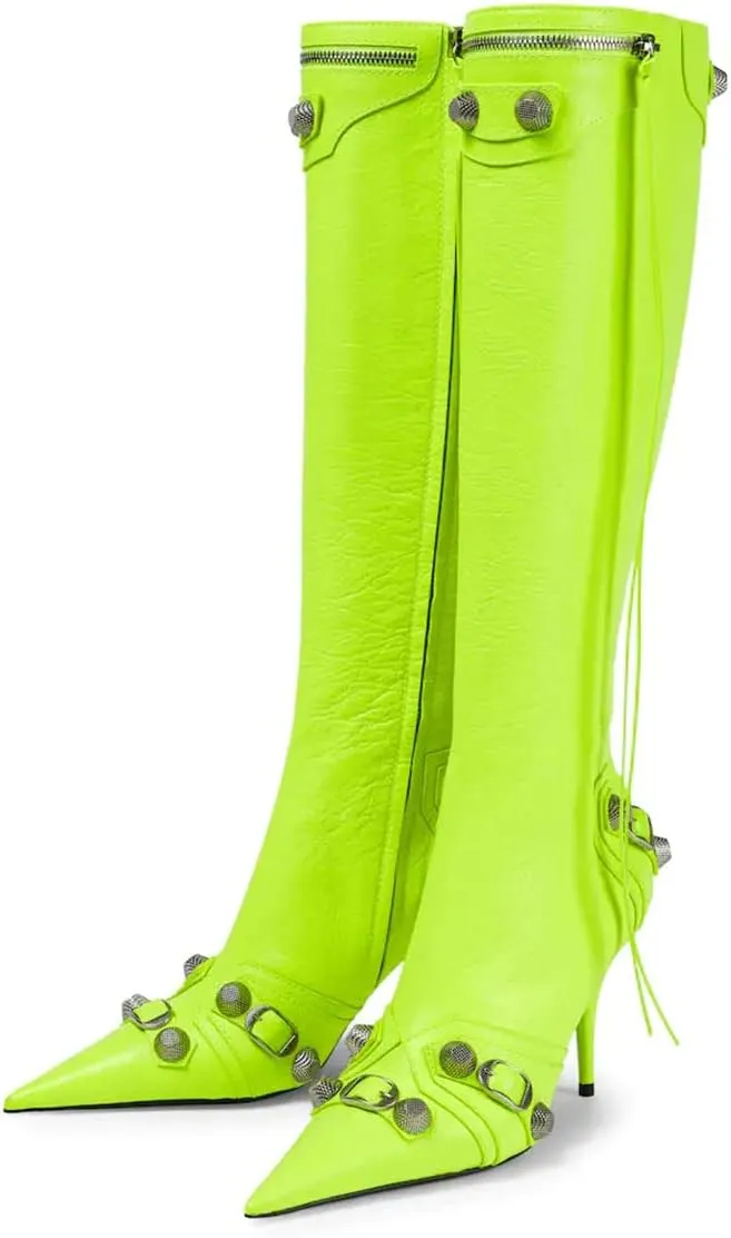 Goolita Women's Pointed Toe Rivet Knee High Boots Stiletto High Heel Punk Style Boot Thin Tassels Buckle Long Bootie