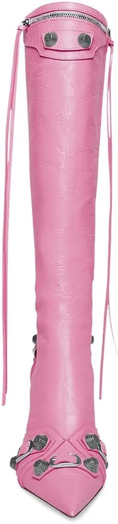 Goolita Women's Pointed Toe Rivet Knee High Boots Stiletto High Heel Punk Style Boot Thin Tassels Buckle Long Bootie