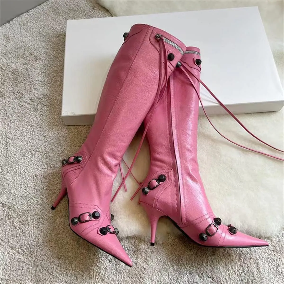 Goolita Women's Pointed Toe Rivet Knee High Boots Stiletto High Heel Punk Style Boot Thin Tassels Buckle Long Bootie