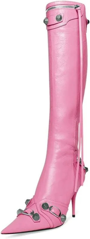Goolita Women's Pointed Toe Rivet Knee High Boots Stiletto High Heel Punk Style Boot Thin Tassels Buckle Long Bootie