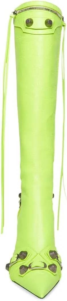 Goolita Women's Pointed Toe Rivet Knee High Boots Stiletto High Heel Punk Style Boot Thin Tassels Buckle Long Bootie