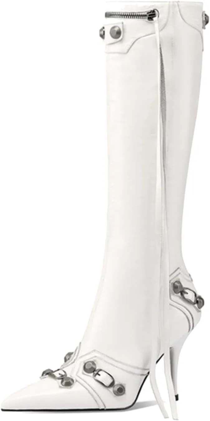 Goolita Women's Pointed Toe Rivet Knee High Boots Stiletto High Heel Punk Style Boot Thin Tassels Buckle Long Bootie