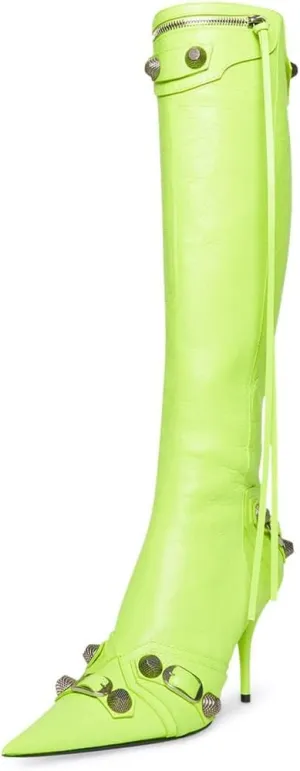 Goolita Women's Pointed Toe Rivet Knee High Boots Stiletto High Heel Punk Style Boot Thin Tassels Buckle Long Bootie