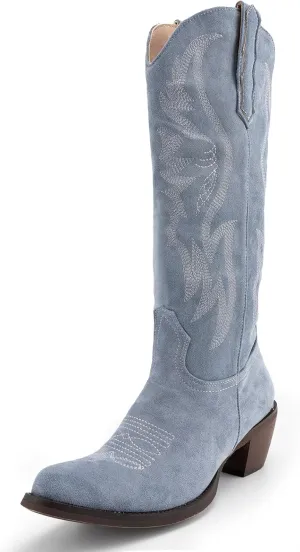 GORBINETI Women Cowboy Boots Mid Calf Cowgirl Boots Western Red Boots Embroidered Suede Pull On Almond Toe Chunky Heel