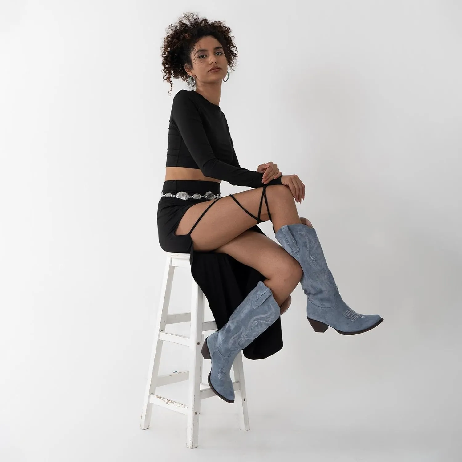 GORBINETI Women Cowboy Boots Mid Calf Cowgirl Boots Western Red Boots Embroidered Suede Pull On Almond Toe Chunky Heel