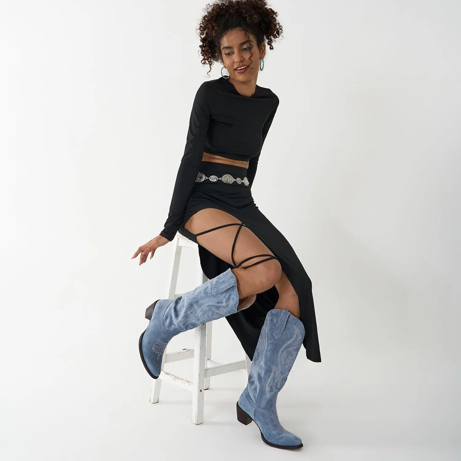 GORBINETI Women Cowboy Boots Mid Calf Cowgirl Boots Western Red Boots Embroidered Suede Pull On Almond Toe Chunky Heel