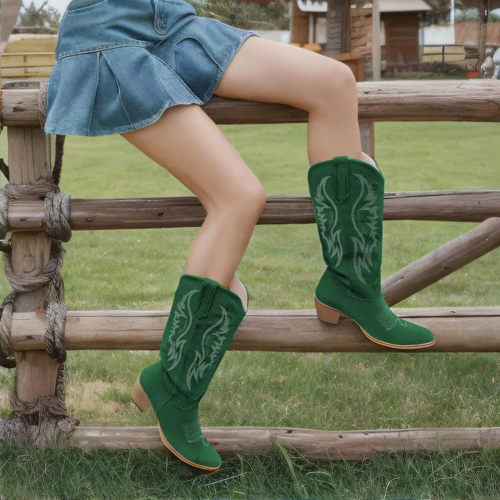 GORBINETI Women’s Western Cowboy Boots Embroidered Suede Mid Calf Pointed Toe Cowgirl Knee High Heel Boots Pull On Chunky Black