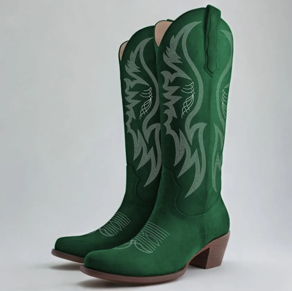 GORBINETI Women’s Western Cowboy Boots Embroidered Suede Mid Calf Pointed Toe Cowgirl Knee High Heel Boots Pull On Chunky Black
