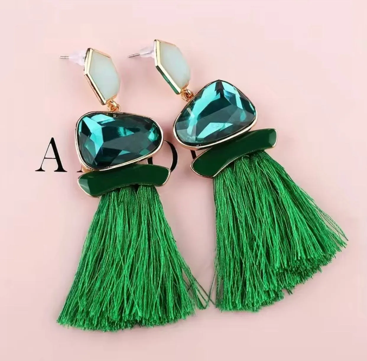 Green Gems Boho Tassel Earrings