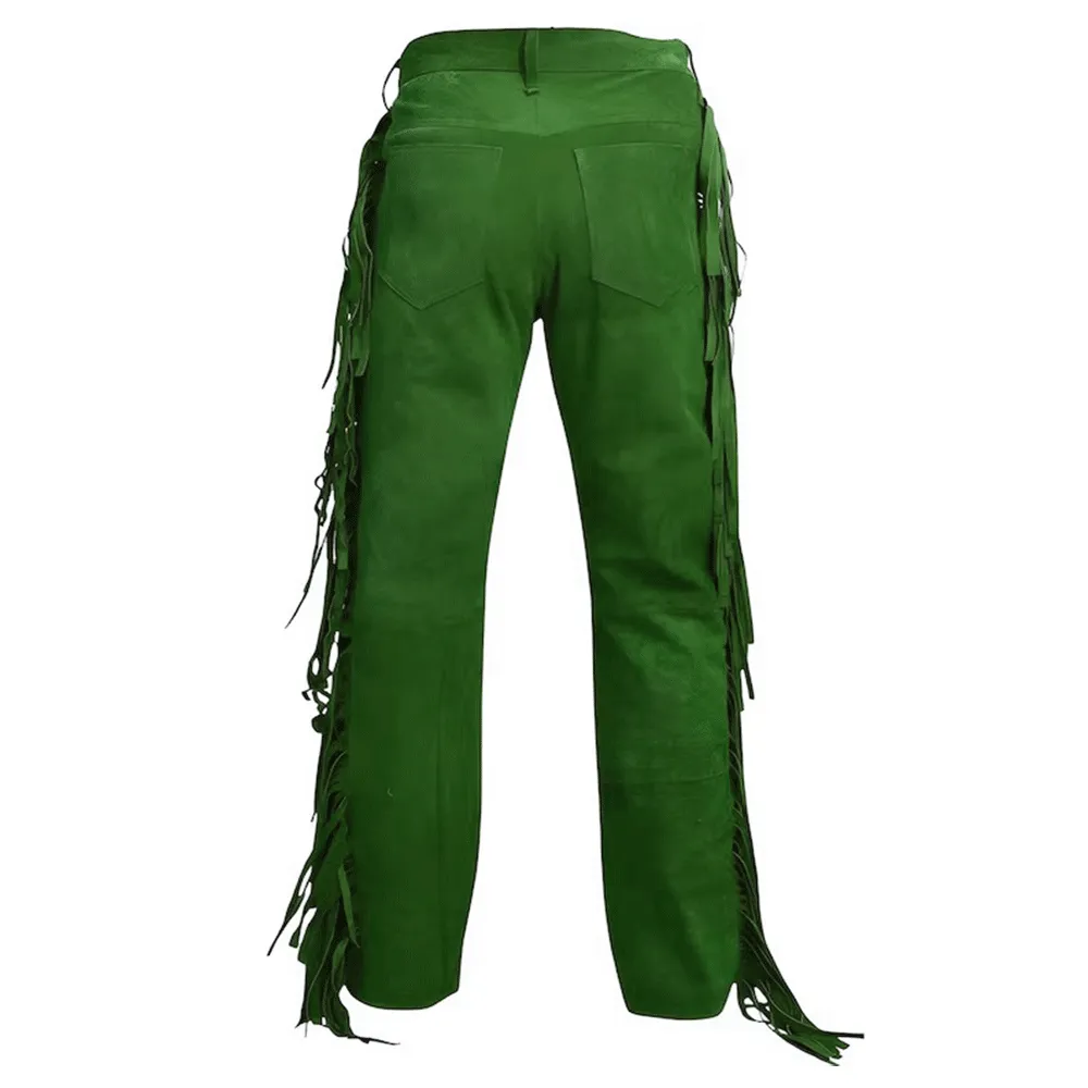 Green Suede Leather Fringe Pants Jeans Style For Men Western Pant MFP1128