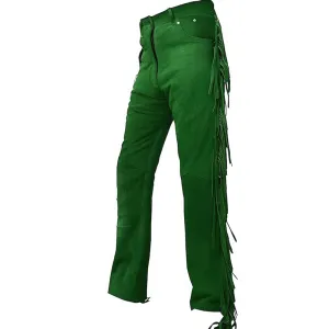 Green Suede Leather Fringe Pants Jeans Style For Men Western Pant MFP1128