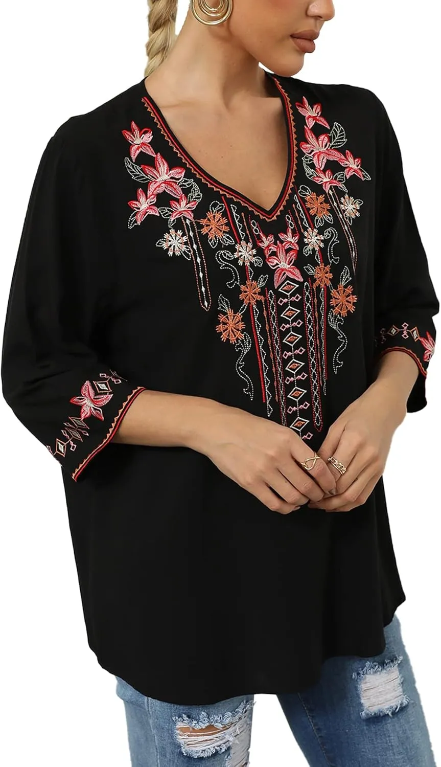 Grosy Bohemian Embroidered Tops for Women, Hippie Clothes, Mexican Peasant Blouses, Traditional Boho Clothing Tunic Shirts