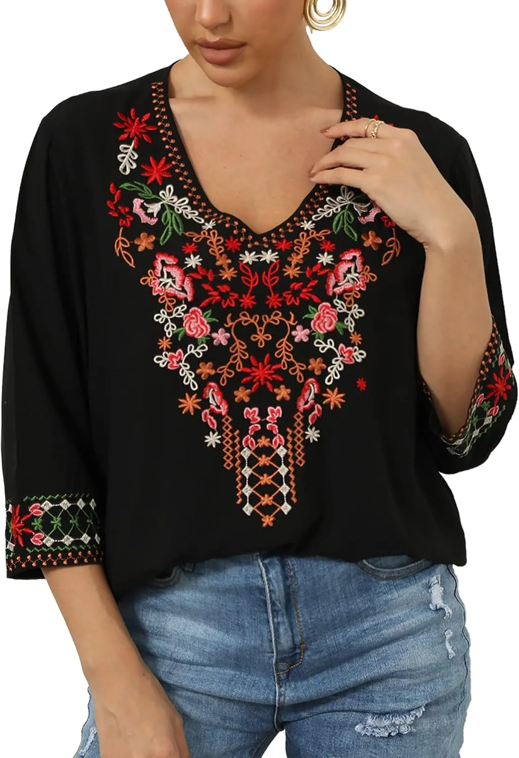 Grosy Bohemian Embroidered Tops for Women, Hippie Clothes, Mexican Peasant Blouses, Traditional Boho Clothing Tunic Shirts