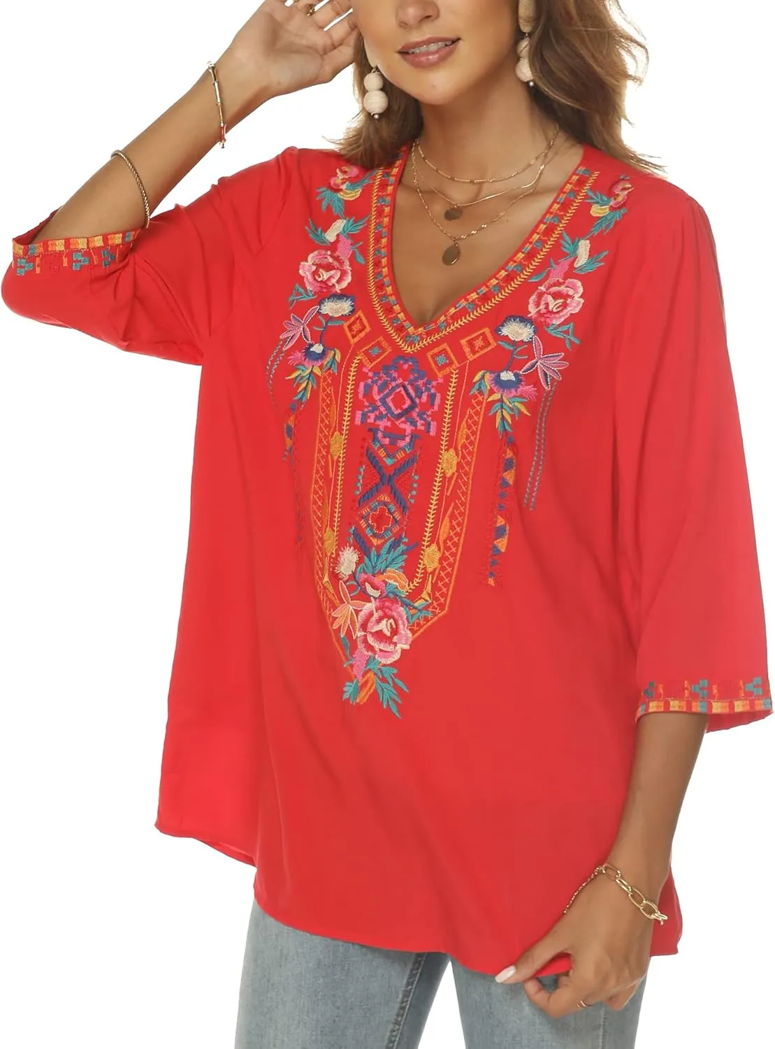 Grosy Bohemian Embroidered Tops for Women, Hippie Clothes, Mexican Peasant Blouses, Traditional Boho Clothing Tunic Shirts