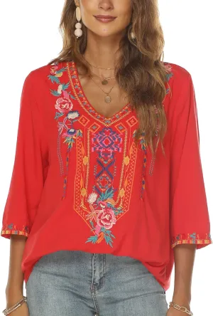 Grosy Bohemian Embroidered Tops for Women, Hippie Clothes, Mexican Peasant Blouses, Traditional Boho Clothing Tunic Shirts
