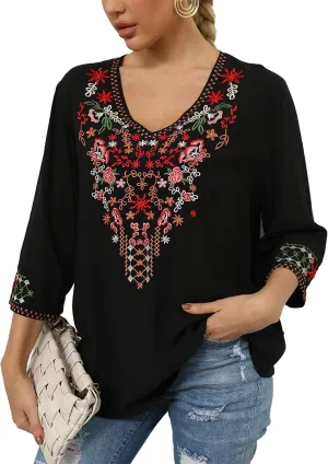 Grosy Bohemian Embroidered Tops for Women, Hippie Clothes, Mexican Peasant Blouses, Traditional Boho Clothing Tunic Shirts