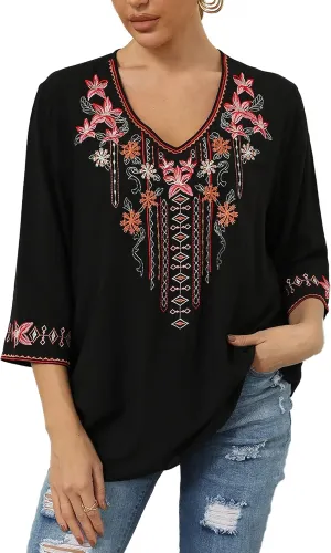 Grosy Bohemian Embroidered Tops for Women, Hippie Clothes, Mexican Peasant Blouses, Traditional Boho Clothing Tunic Shirts