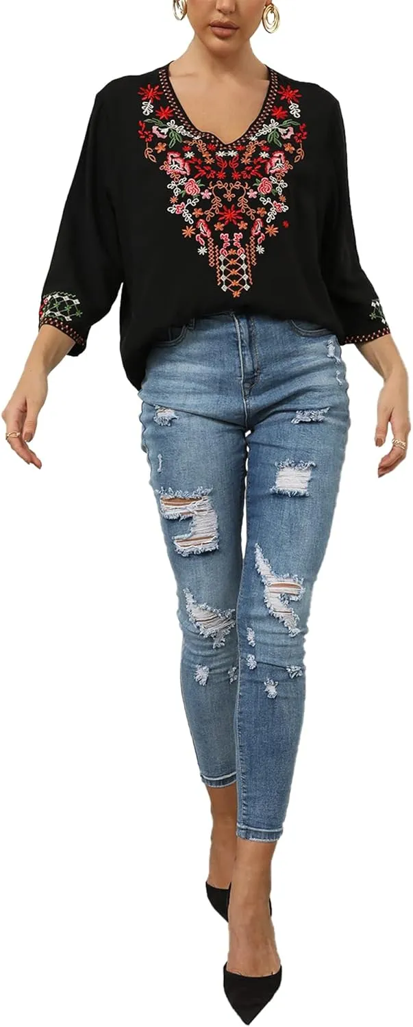 Grosy Bohemian Embroidered Tops for Women, Hippie Clothes, Mexican Peasant Blouses, Traditional Boho Clothing Tunic Shirts