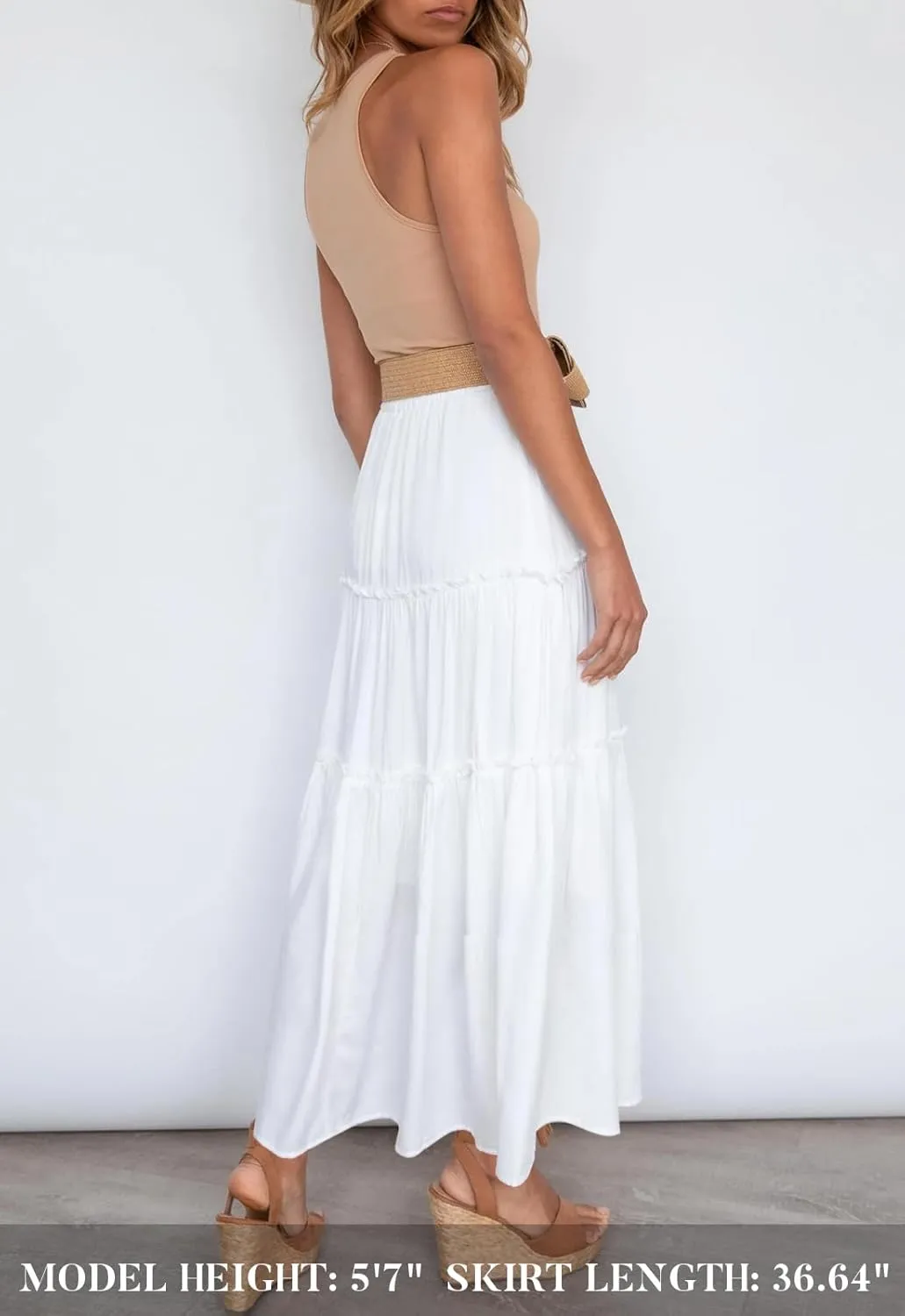 HAEOF Womens Summer Flowy Boho Maxi Skirt Elastic High Waist A Line Pleated Tiered Trendy Beach Long Skirts with Pockets