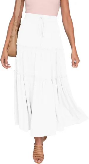 HAEOF Womens Summer Flowy Boho Maxi Skirt Elastic High Waist A Line Pleated Tiered Trendy Beach Long Skirts with Pockets