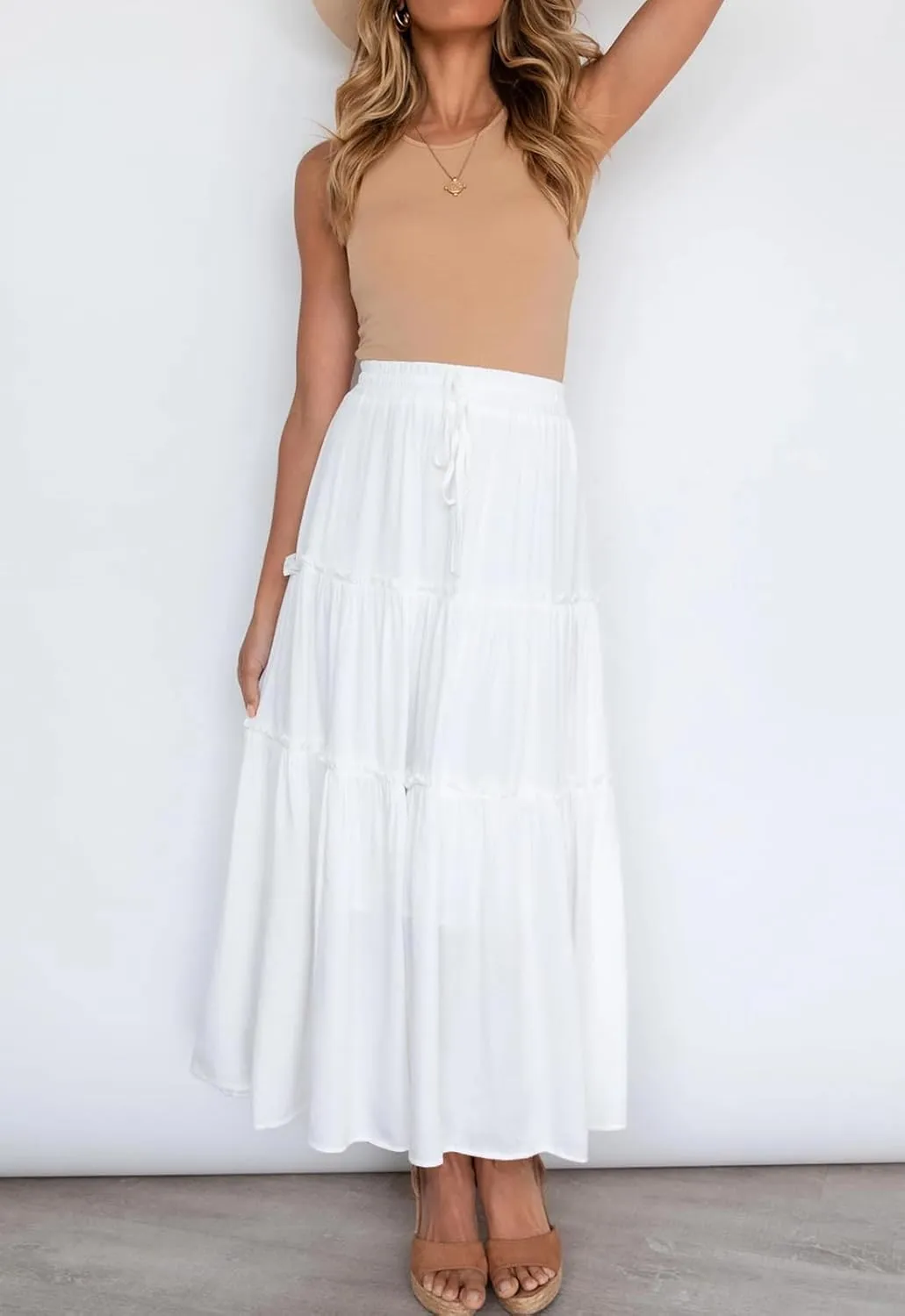 HAEOF Womens Summer Flowy Boho Maxi Skirt Elastic High Waist A Line Pleated Tiered Trendy Beach Long Skirts with Pockets