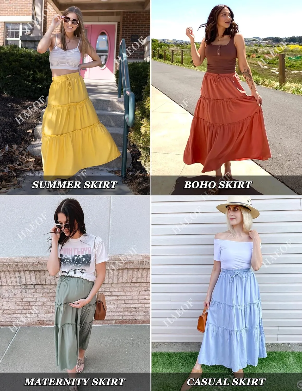 HAEOF Womens Summer Flowy Boho Maxi Skirt Elastic High Waist A Line Pleated Tiered Trendy Beach Long Skirts with Pockets