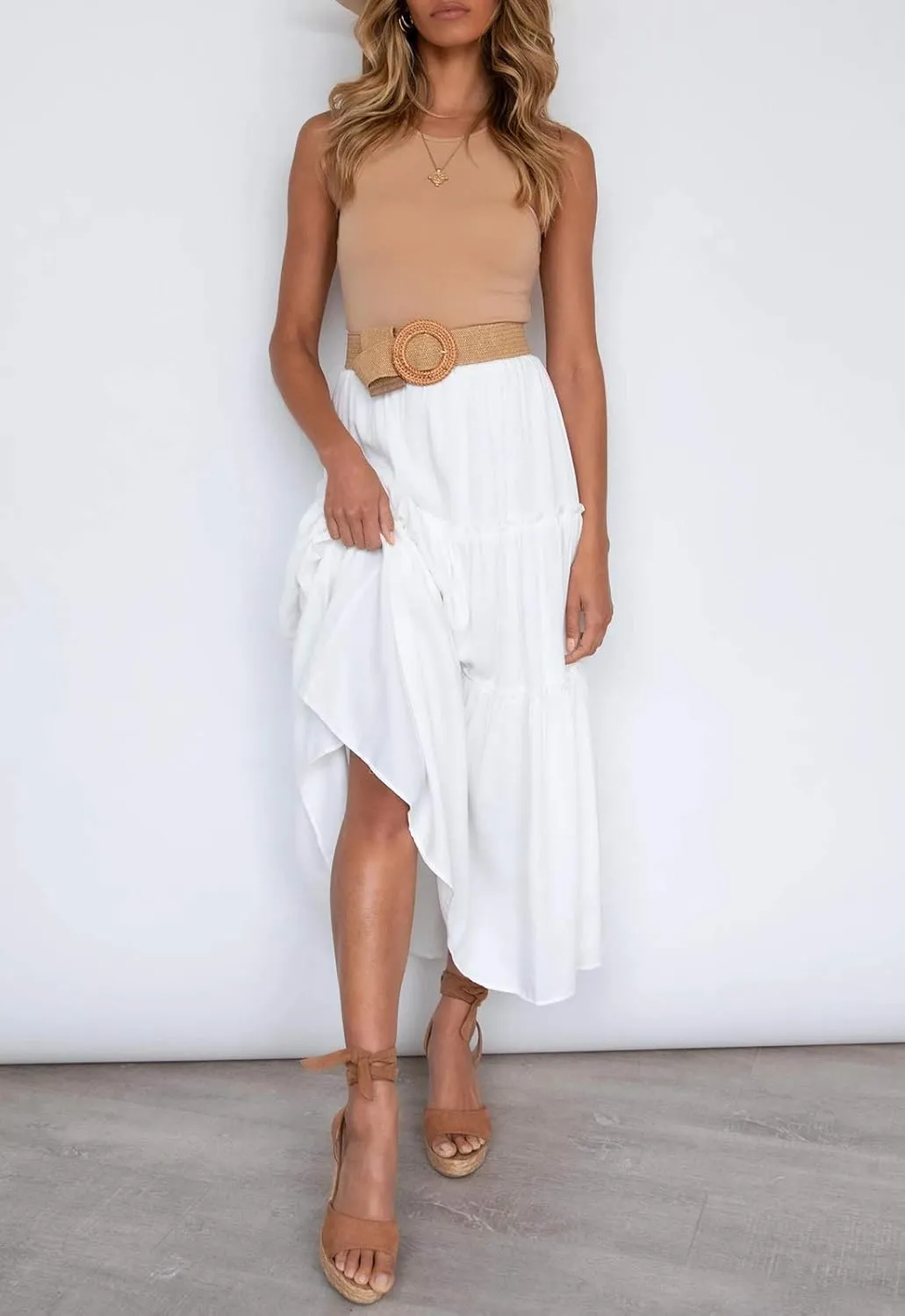 HAEOF Womens Summer Flowy Boho Maxi Skirt Elastic High Waist A Line Pleated Tiered Trendy Beach Long Skirts with Pockets