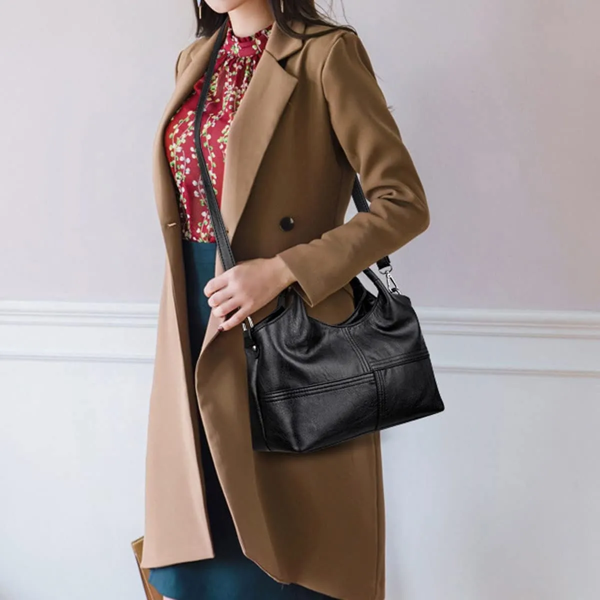 Handbag for Women PU Leather Top-Handle Satchel Ladies Shoulder Bag Stitching Tote Purse Crossbody Bag