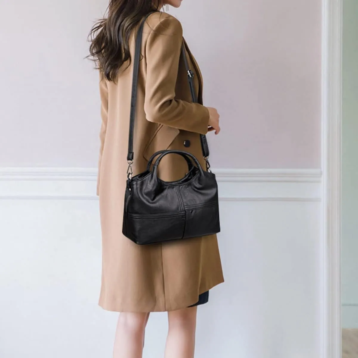 Handbag for Women PU Leather Top-Handle Satchel Ladies Shoulder Bag Stitching Tote Purse Crossbody Bag
