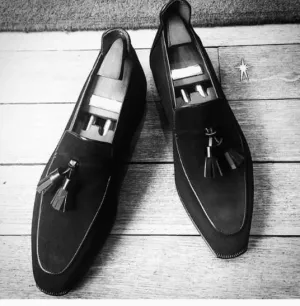 Handmade Black Suede Tassel Loafers for Men