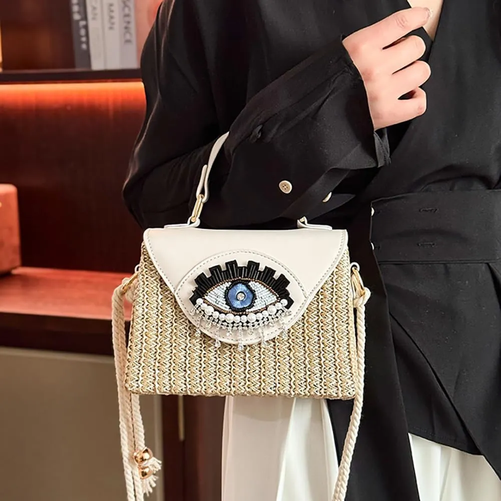 Handmade Bohemian Style Straw Handbag with Evil Eye Embellishment, Novelty Funny Crystal Decor Box Crossbody Bag Tote Clutch
