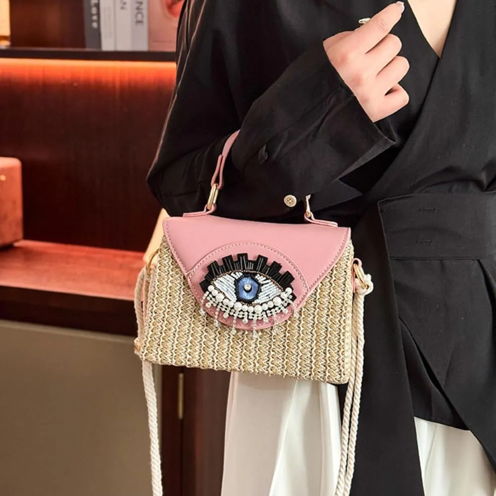 Handmade Bohemian Style Straw Handbag with Evil Eye Embellishment, Novelty Funny Crystal Decor Box Crossbody Bag Tote Clutch