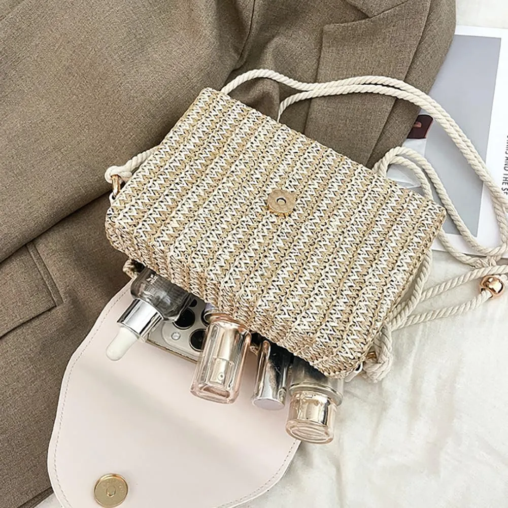 Handmade Bohemian Style Straw Handbag with Evil Eye Embellishment, Novelty Funny Crystal Decor Box Crossbody Bag Tote Clutch