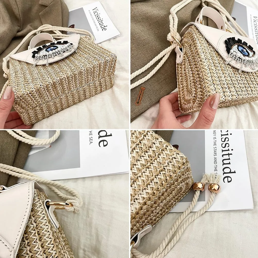 Handmade Bohemian Style Straw Handbag with Evil Eye Embellishment, Novelty Funny Crystal Decor Box Crossbody Bag Tote Clutch
