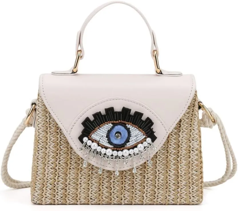 Handmade Bohemian Style Straw Handbag with Evil Eye Embellishment, Novelty Funny Crystal Decor Box Crossbody Bag Tote Clutch