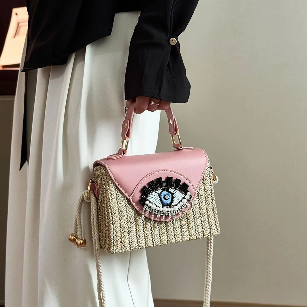 Handmade Bohemian Style Straw Handbag with Evil Eye Embellishment, Novelty Funny Crystal Decor Box Crossbody Bag Tote Clutch